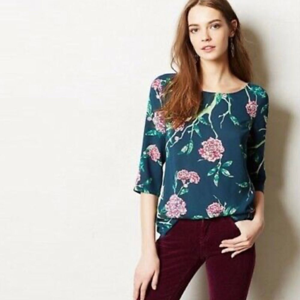 Anthropologie HD in Paris Teal & Pink Floral Blouse Size 2
